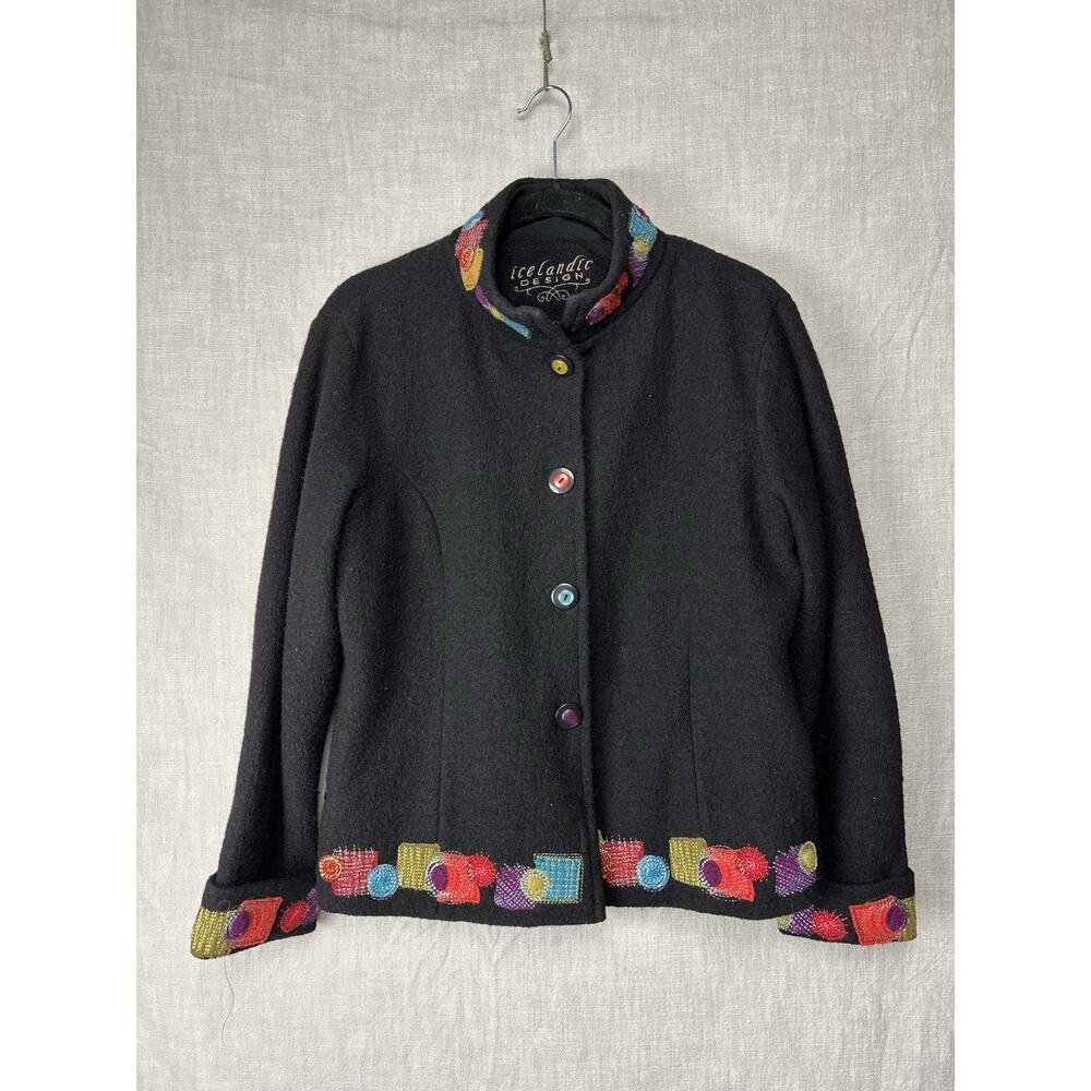 Icelandic Design Button Floral Embroidery Wool Cardigan Sweater Jacket Size M